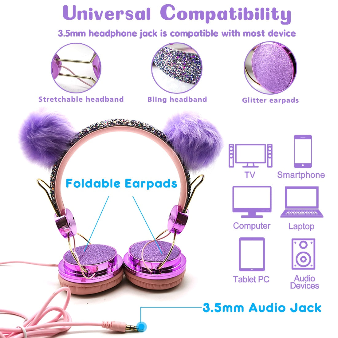 Cute Kids Purple and Sparkly Wired Headphone