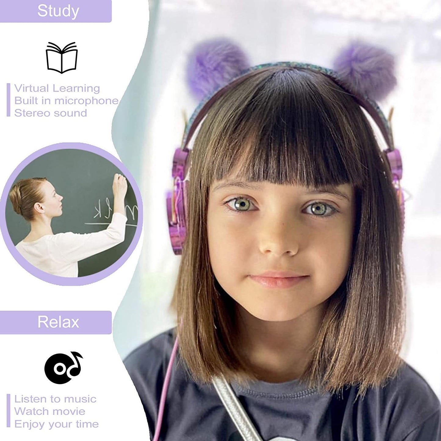Cute Kids Purple and Sparkly Wired Headphone