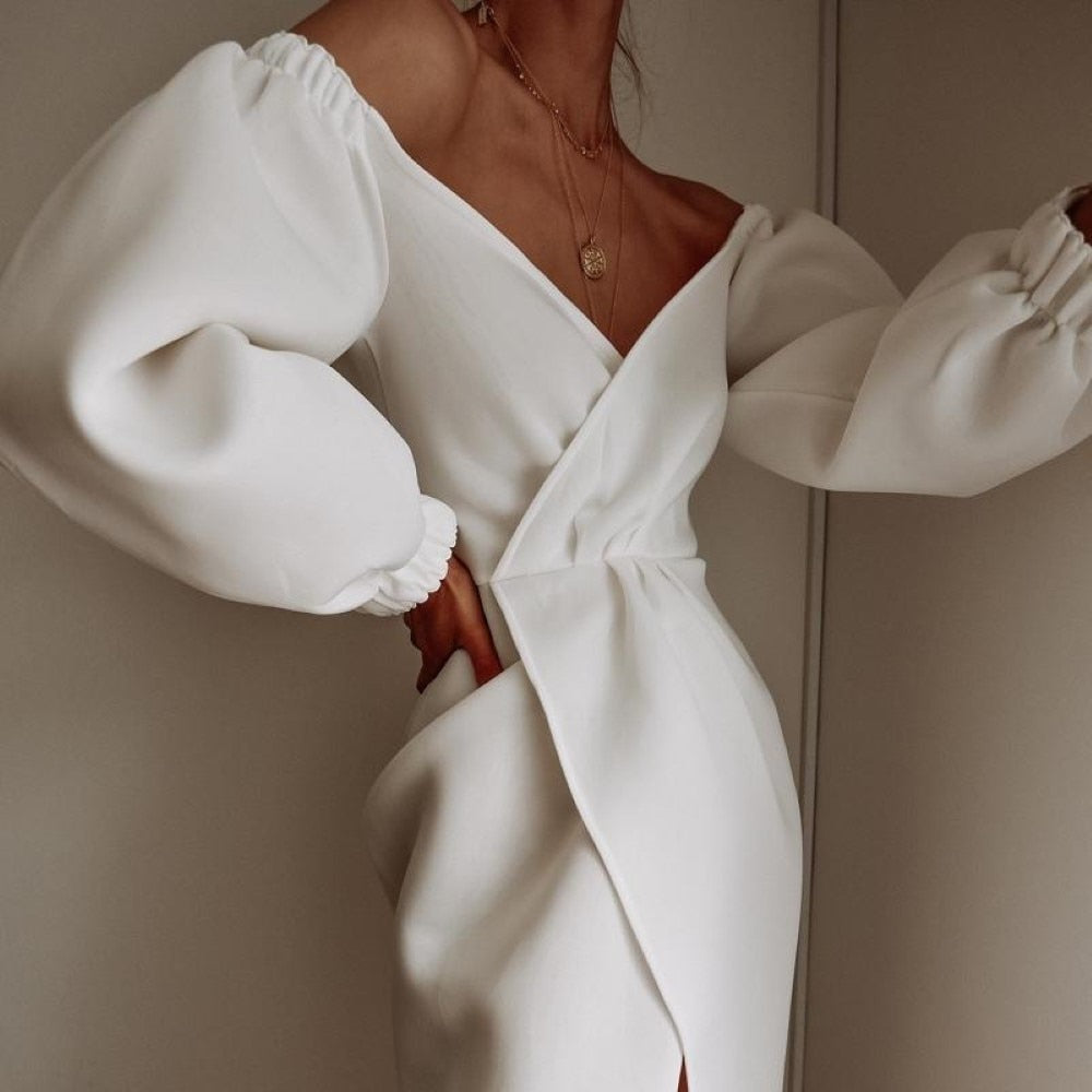 V-Neck Lantern Sleeves Dress